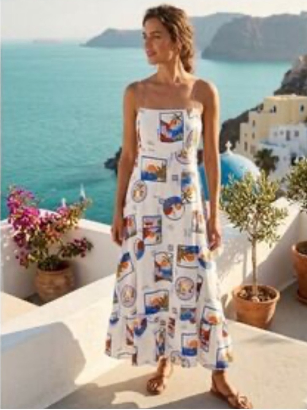 La Dolce Vita Midi Strapless Dress W/ Italian Postcard Scenic Europe Coastal